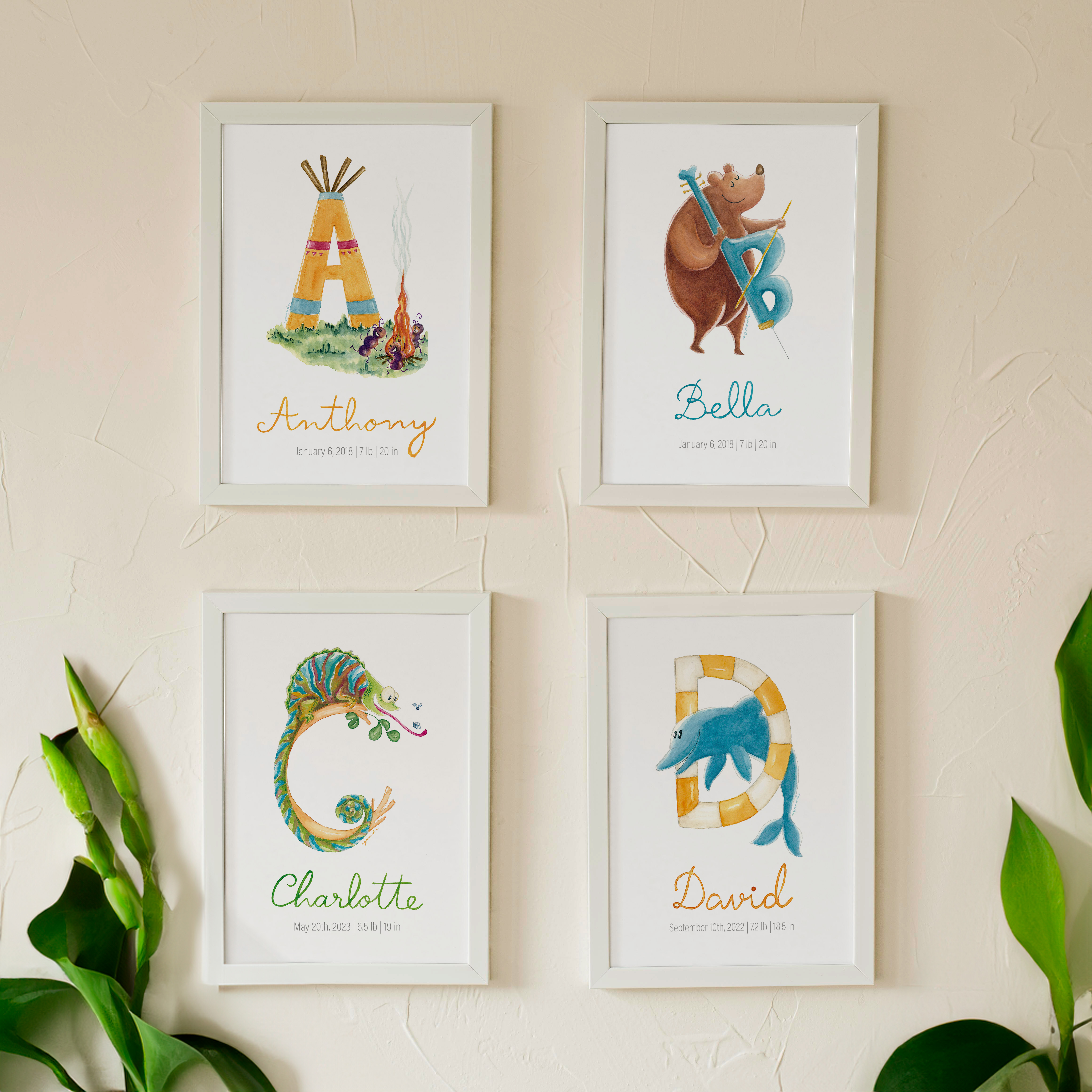 Mockup of English alphabet letters A-D with matching animals framed and customized, designed for nursery wall art.
