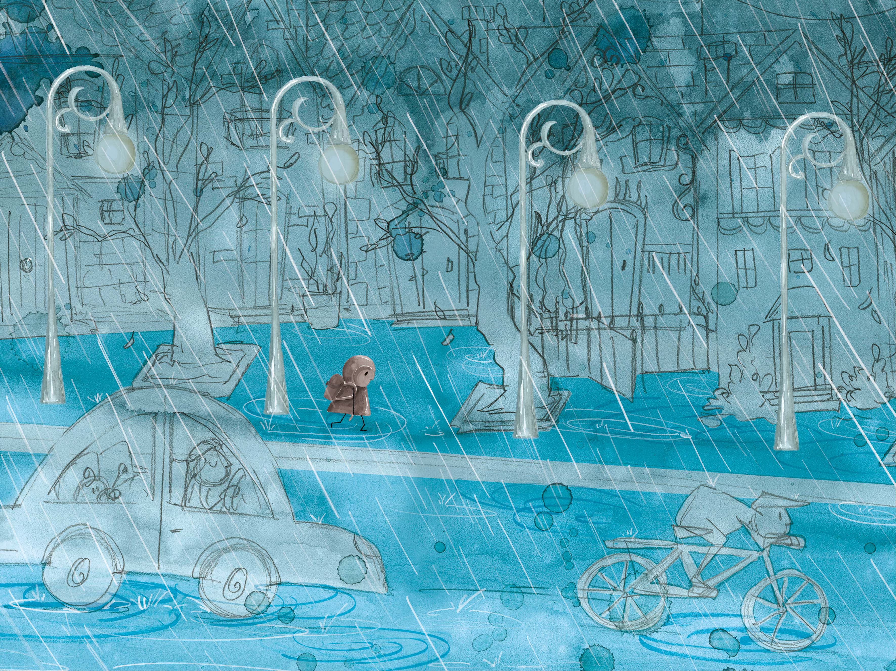First spread from ‘The Rainbow’ showing a child leaving his house and walking alone under the rain.