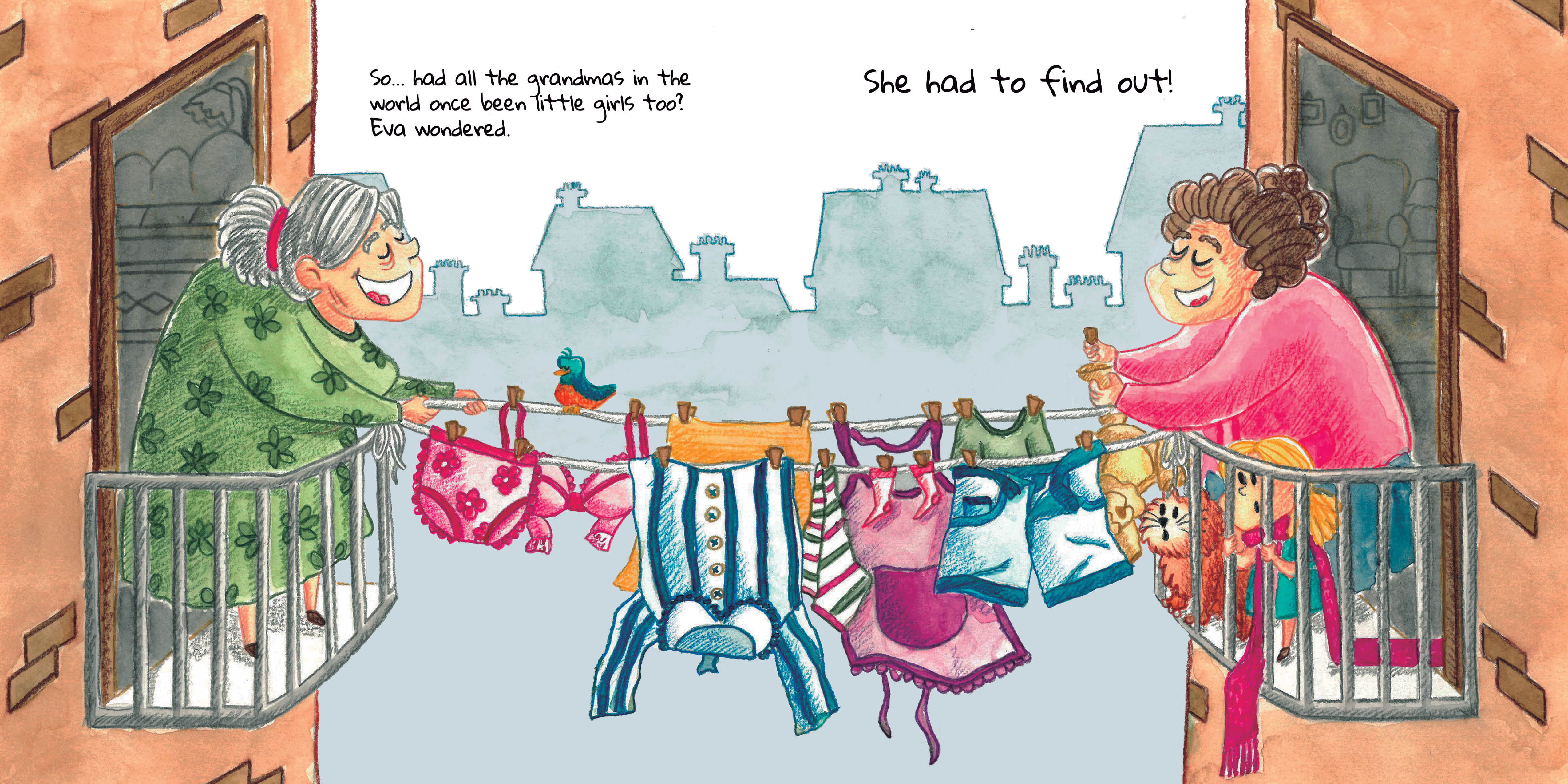 Spread from ‘Pequeños Abuelos’ showing Eva wondering if all elderly people in the world were once children.