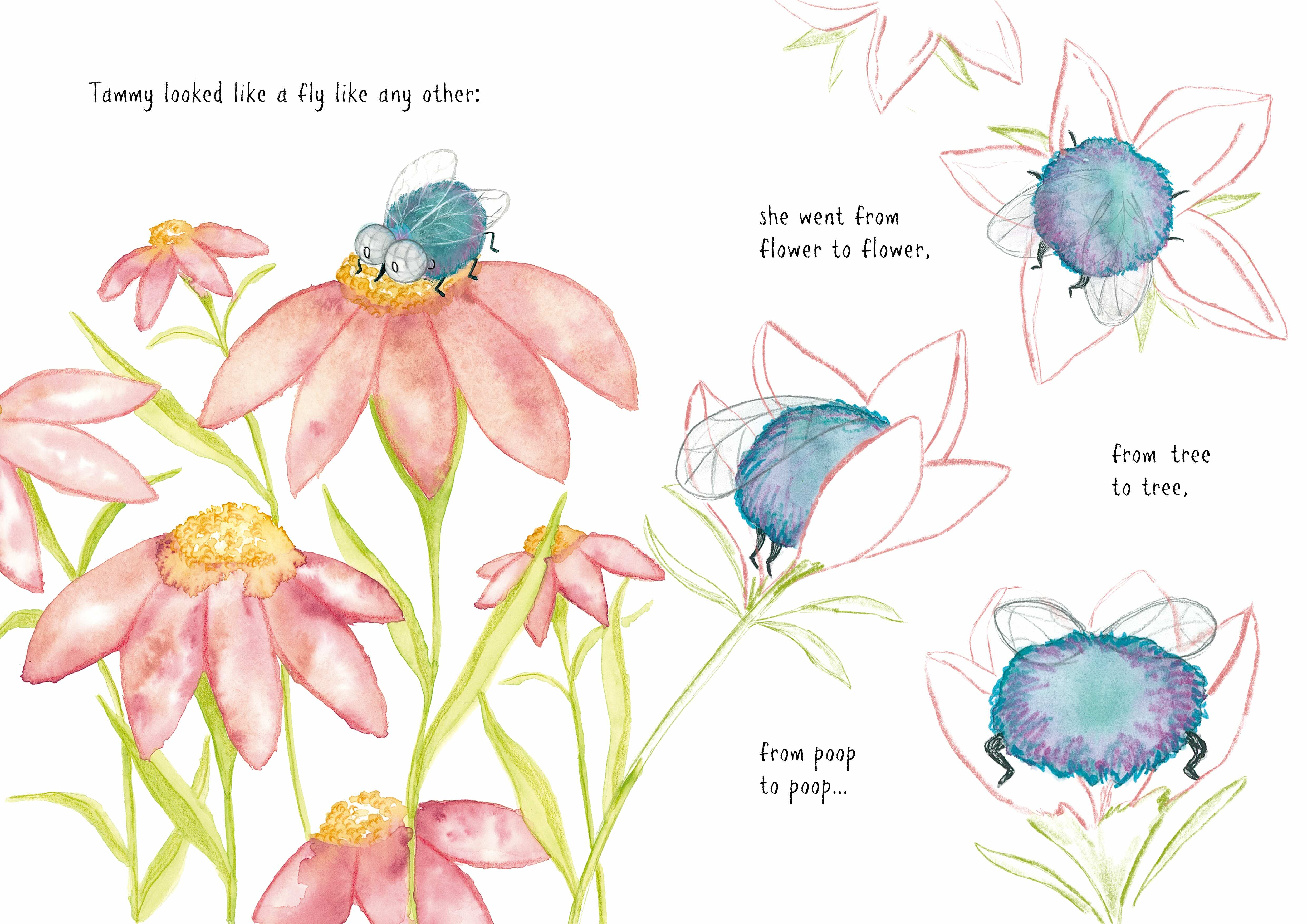 Tammy the fly pollinating a flower, demonstrating her curiosity and adventurous nature.