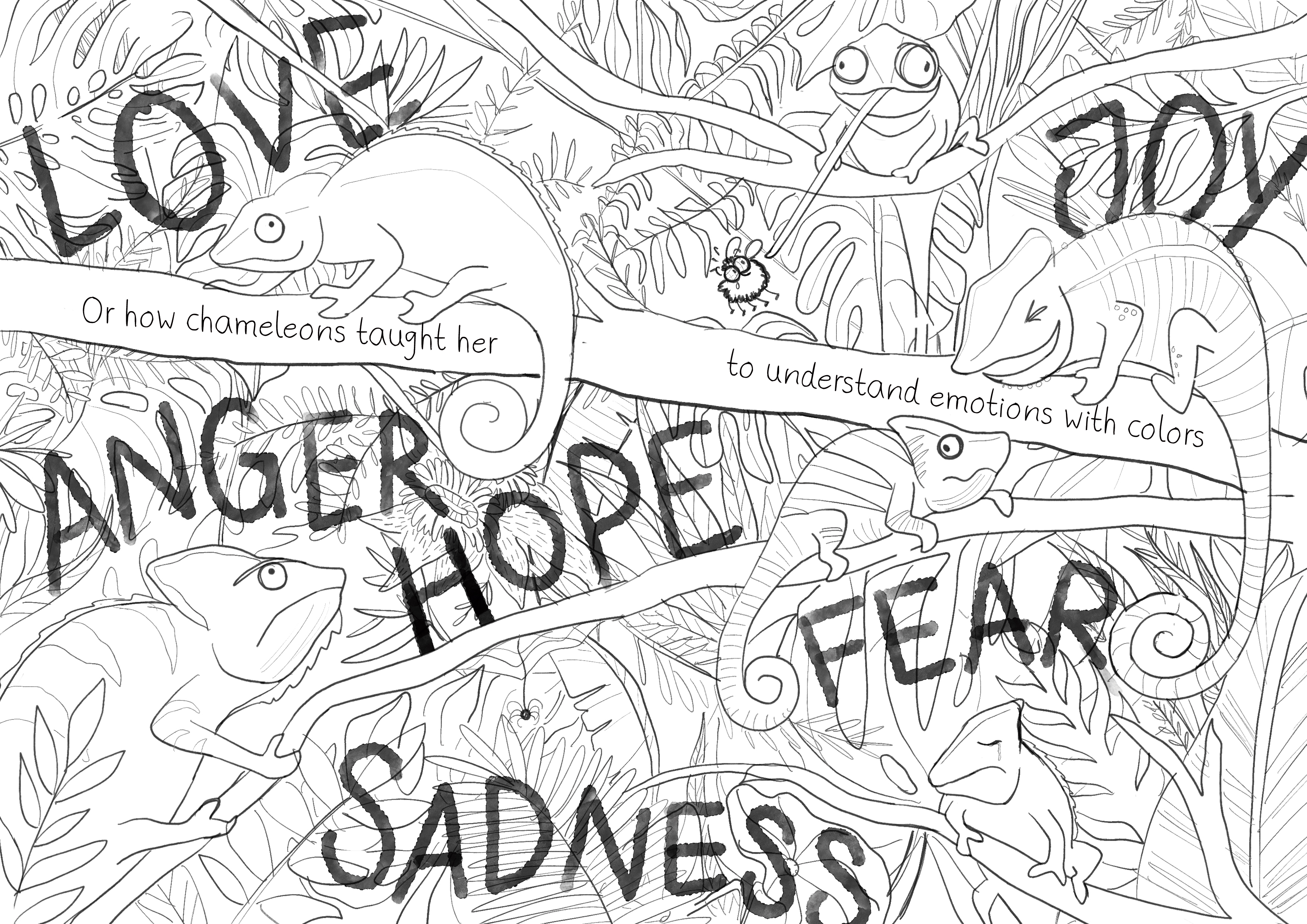 Sketch of Tammy flying among branches where chameleons rest