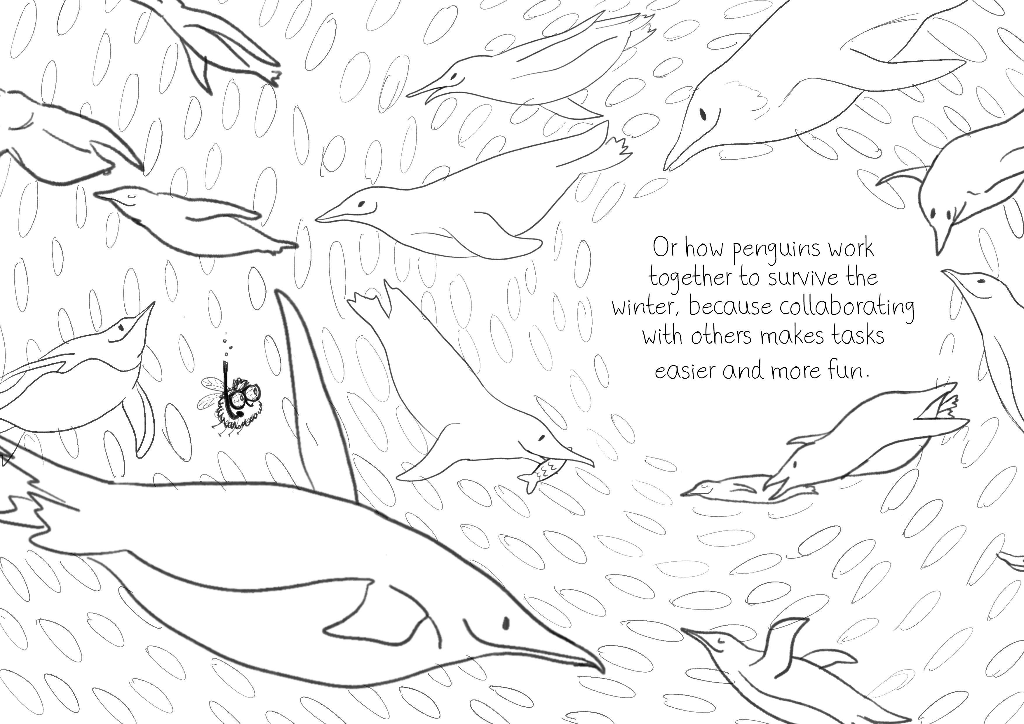 Sketch of Tammy scuba diving underwater among penguins.