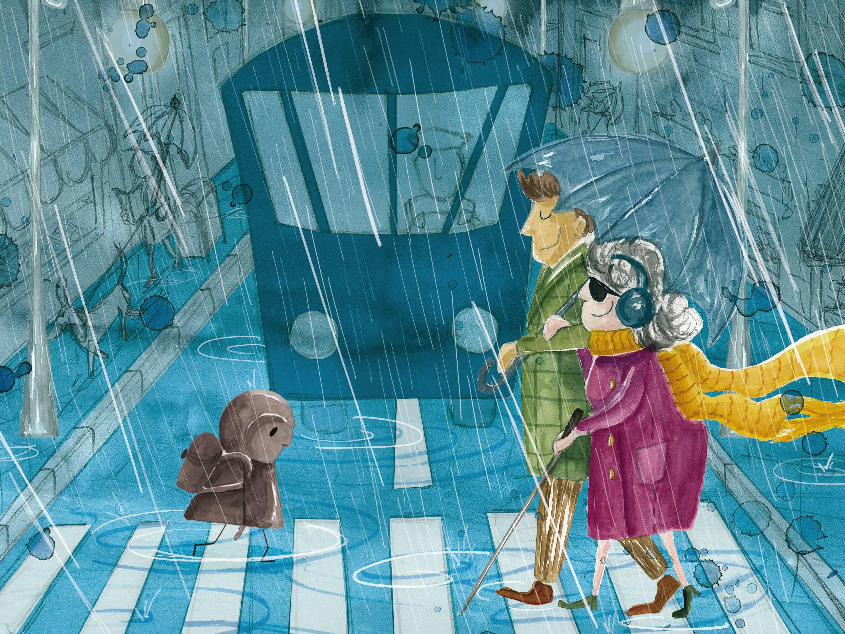 Spread from ‘The Rainbow’ showing a child passing by a blind mother being helped by her son to cross the street.